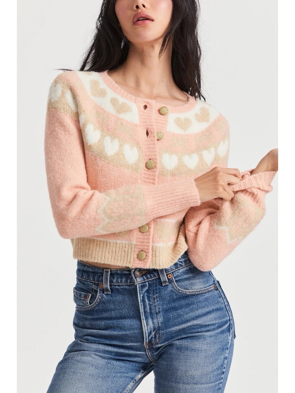 LoveShackFancy Dimples Cropped Wool Cardigan Size Small Pink Hearts Preppy EUC